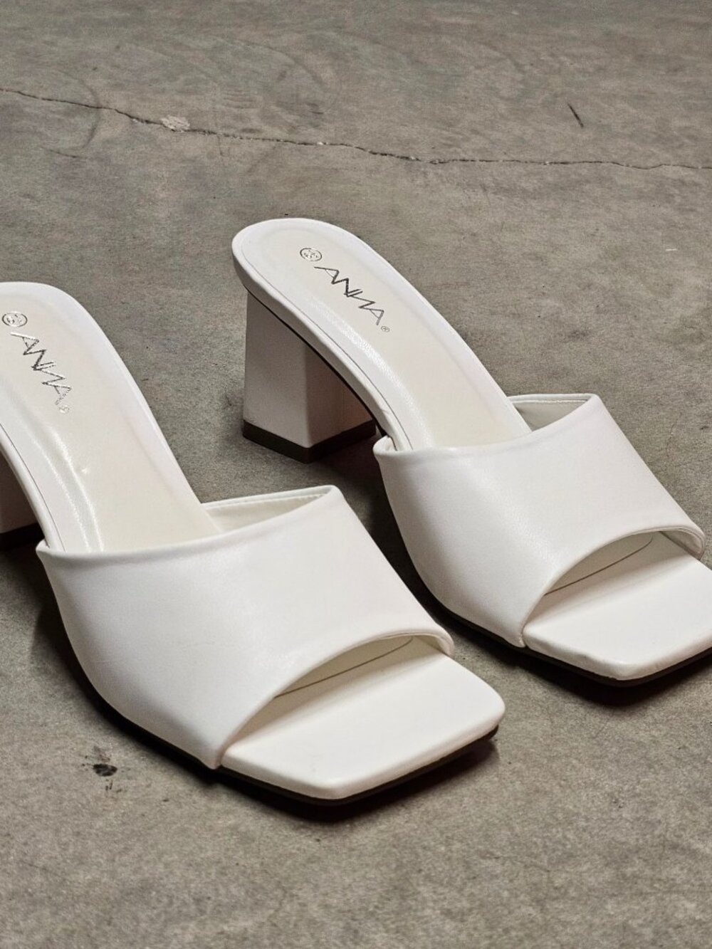 White Block Heel Mules With Open Square Toe Womens Heeled Sandals